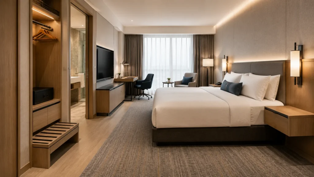 Modern hotel room showing the bed, wardrobe, luggage bench, bathroom entrance, TV cabinet, desk, and window seating area.
