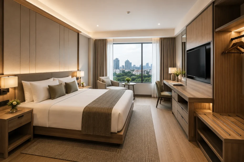 Modern hotel guest room showcasing custom furniture by hotel room furniture suppliers in Thailand