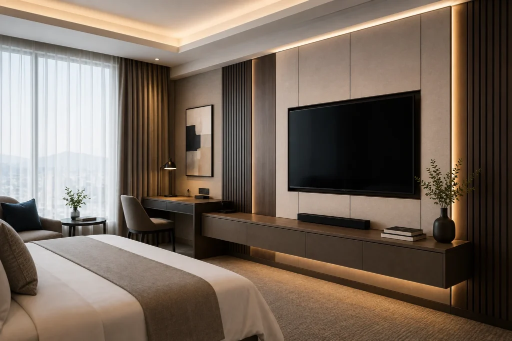 hotel TV wall design ideas for modern guest rooms