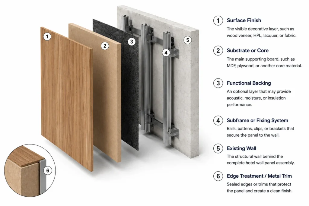 Exploded diagram of hotel wall panels showing the surface finish, substrate, backing, fixing system, existing wall, and edge treatment.