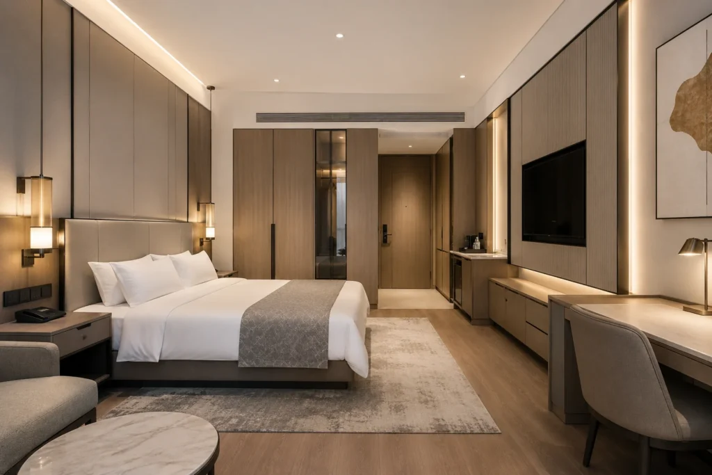 Modern hotel room wall panels integrated with wardrobe, TV cabinet, minibar, desk, lighting, and built-in furniture system