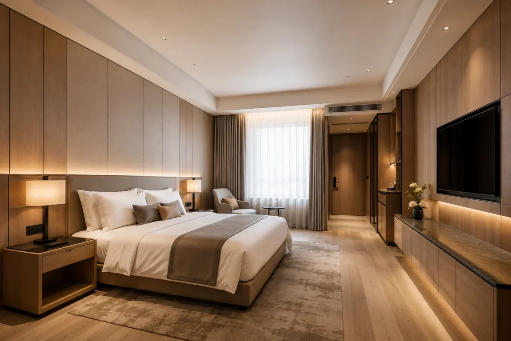 Modern hotel wall panels coordinated with the headboard, TV cabinet, lighting, and built-in guest room furniture