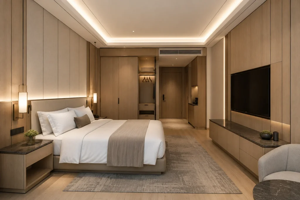 Modern hotel guest room with coordinated headboard wall panels, TV wall panels, lighting, and fixed furniture.