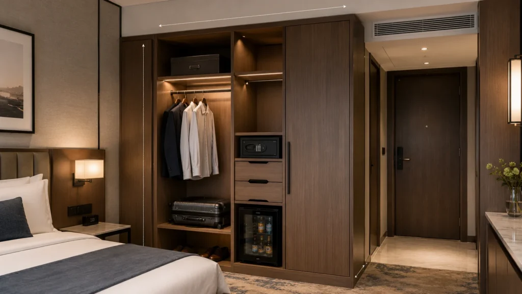 Modern hotel guest room with a built-in wardrobe showing hanging space, luggage shelf, safe compartment, minibar, and subtle dimension reference lines.