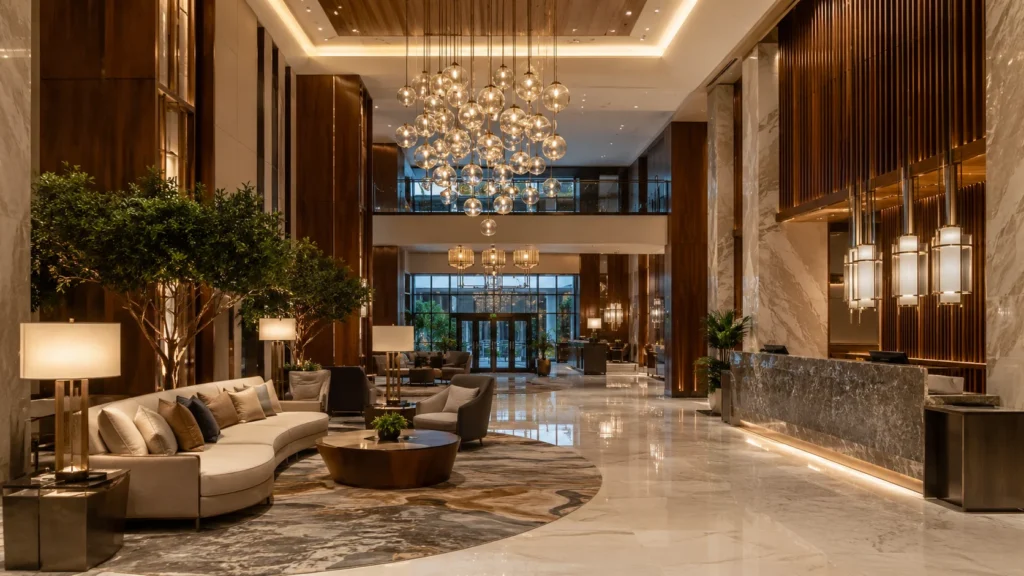 Luxury hotel lobby interior for top hotel renovation companies in Canada