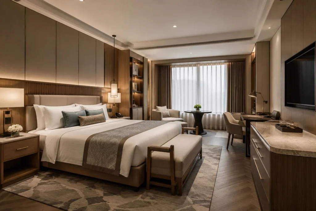 Modern hotel guestroom with custom furniture for hotel furniture manufacturers in India