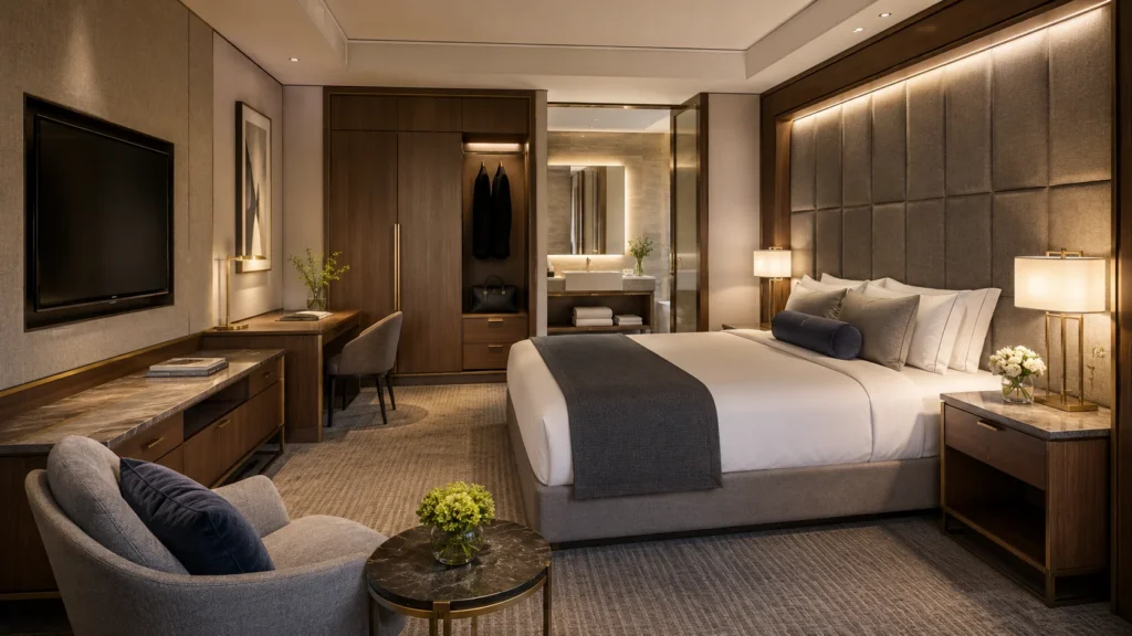 Modern hotel room with custom guestroom furniture by hotel furniture manufacturers