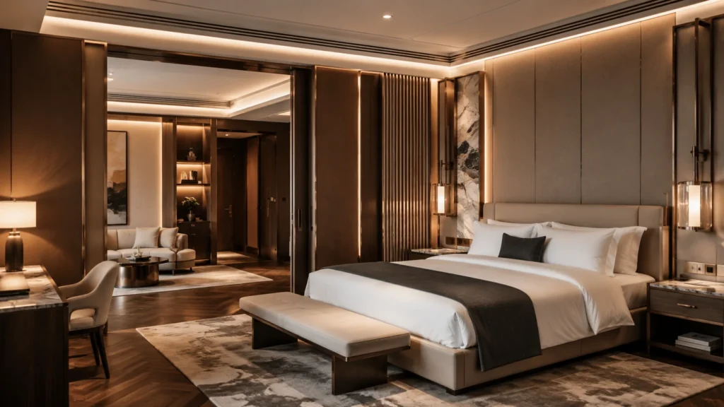 Luxury hotel interior design with custom guestroom furniture, warm lighting, wood panels, marble details, and modern hospitality space planning.