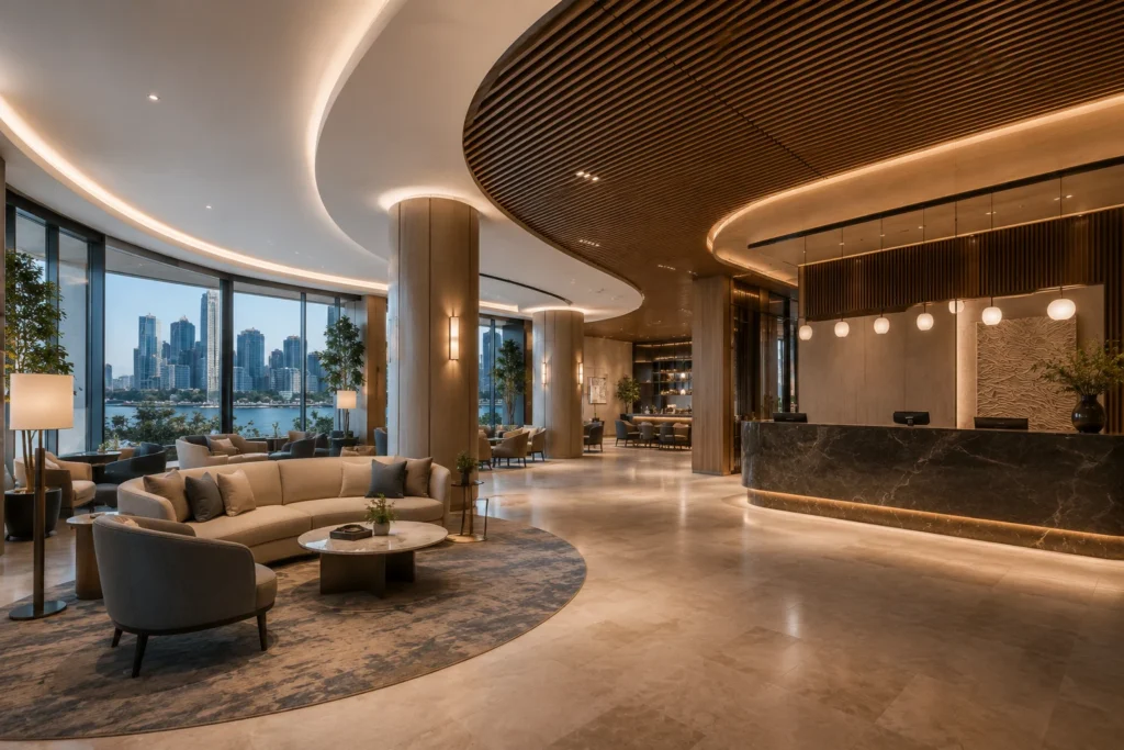Luxury hotel lobby showcasing premium interiors by leading hotel refurbishment companies in Australia