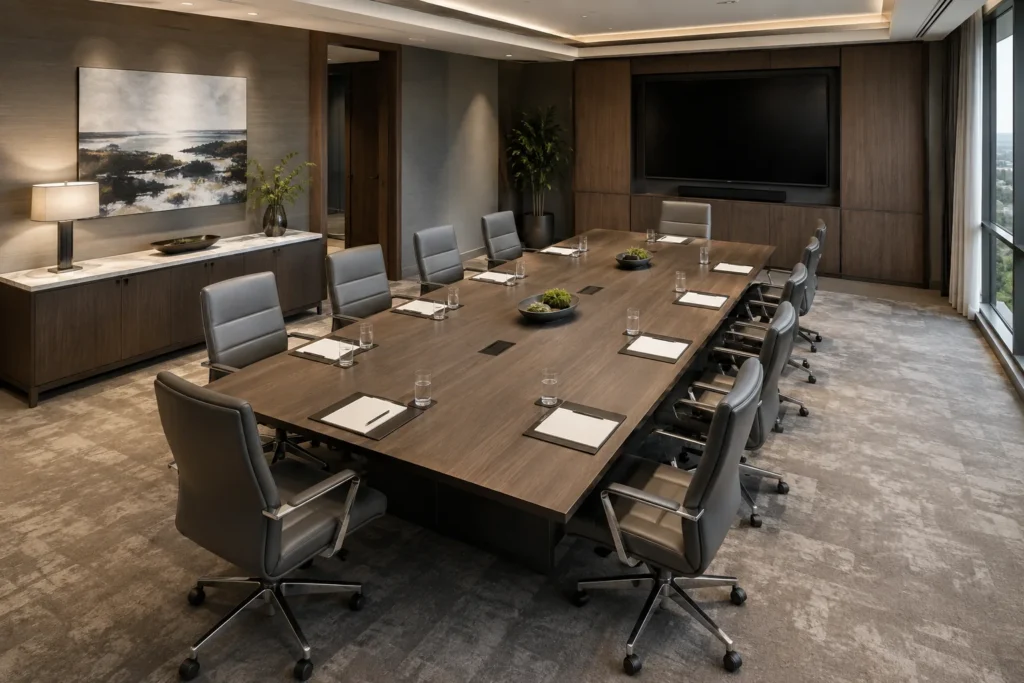 Conference table size cover image showing a premium meeting room with a large conference table, executive seating, credenza, and display wall