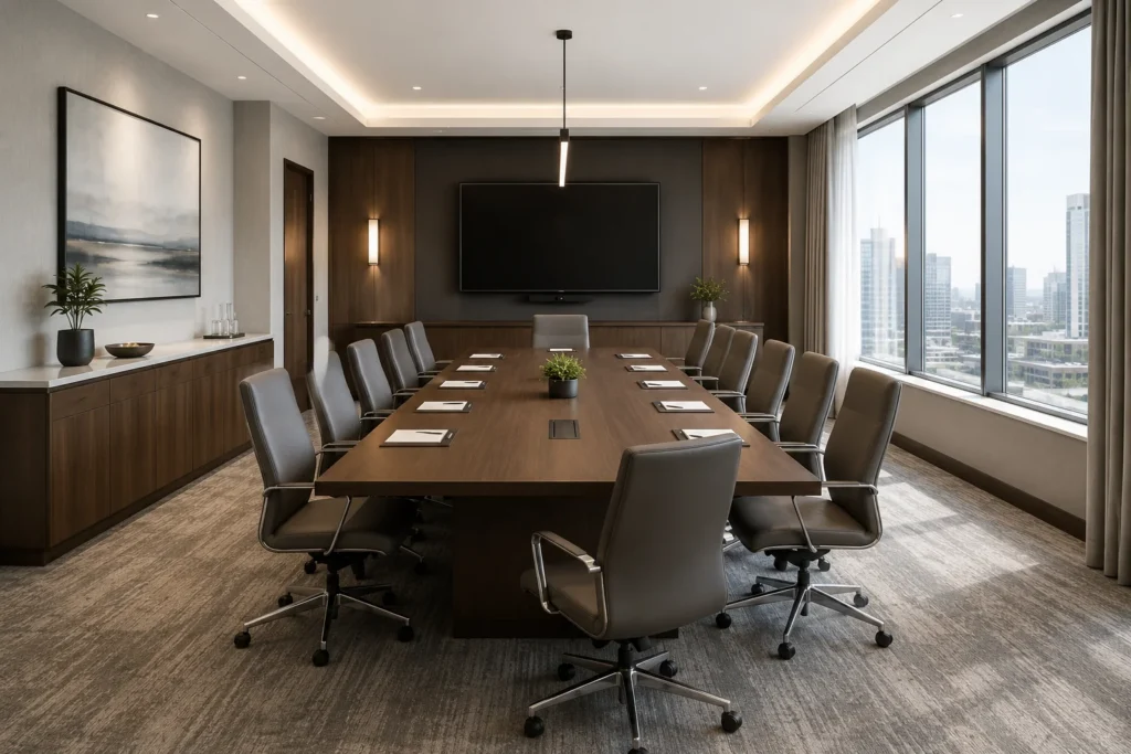 Conference table size in a high-end hotel meeting room with executive seating, credenza and display wall