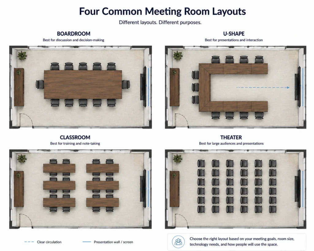 Comparison diagram showing four common meeting room layouts including boardroom, U-shape, classroom, and theater arrangements with tables, chairs, presentation areas, and circulation paths.