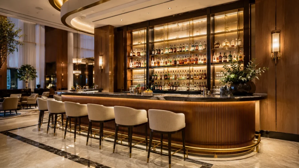 Hotel bar counter design with guest seating, illuminated back bar and integrated lighting