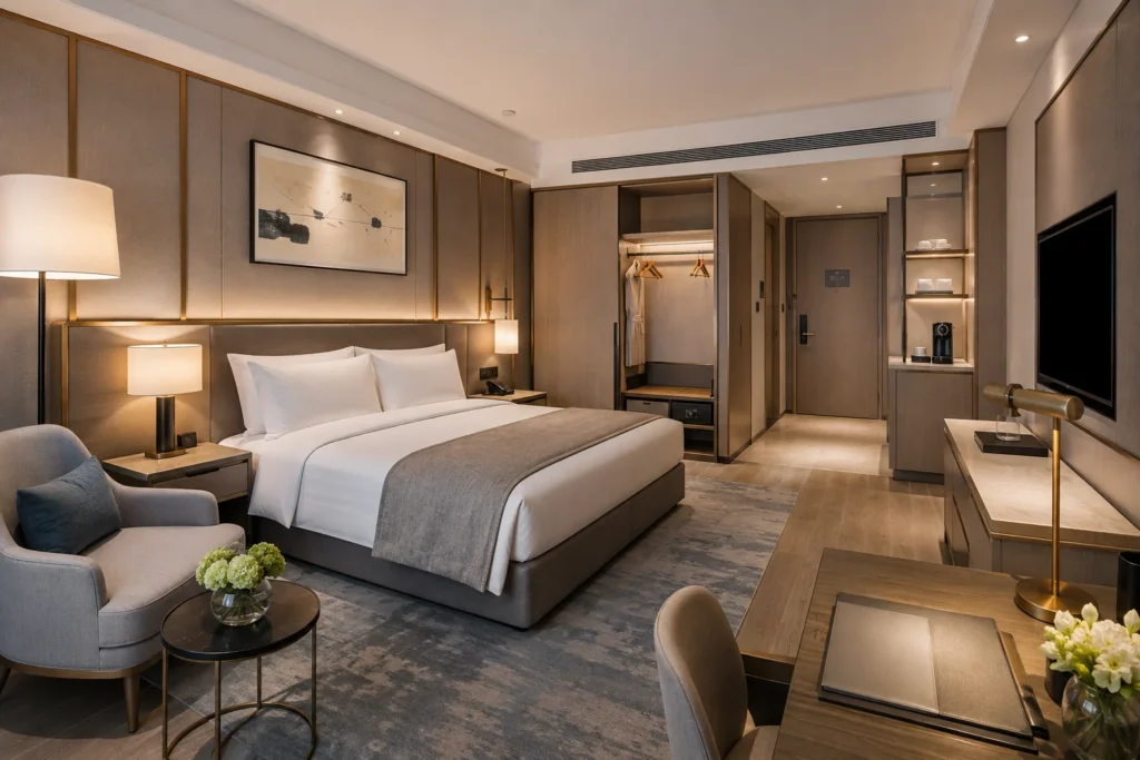 Hotel FF&E in a modern guestroom with bed, headboard, wardrobe, desk, lighting, TV unit, and lounge furniture