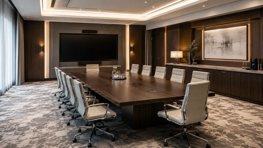 Hotel meeting room furniture with conference table, executive seating, credenza and integrated AV