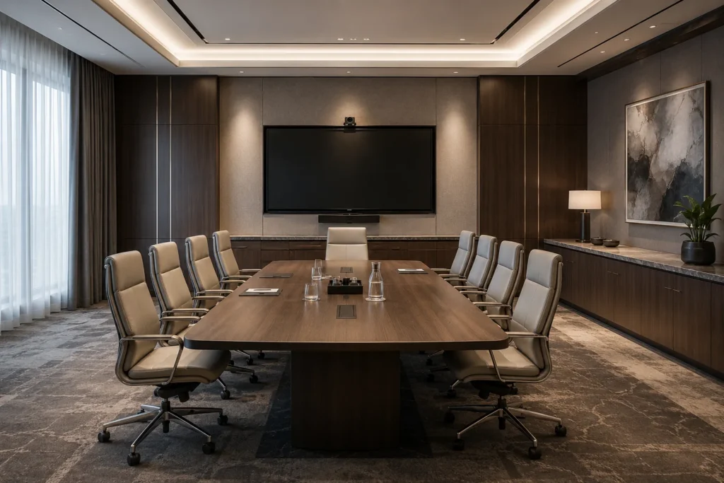 Hotel meeting room furniture with conference table, executive seating, credenza and integrated AV