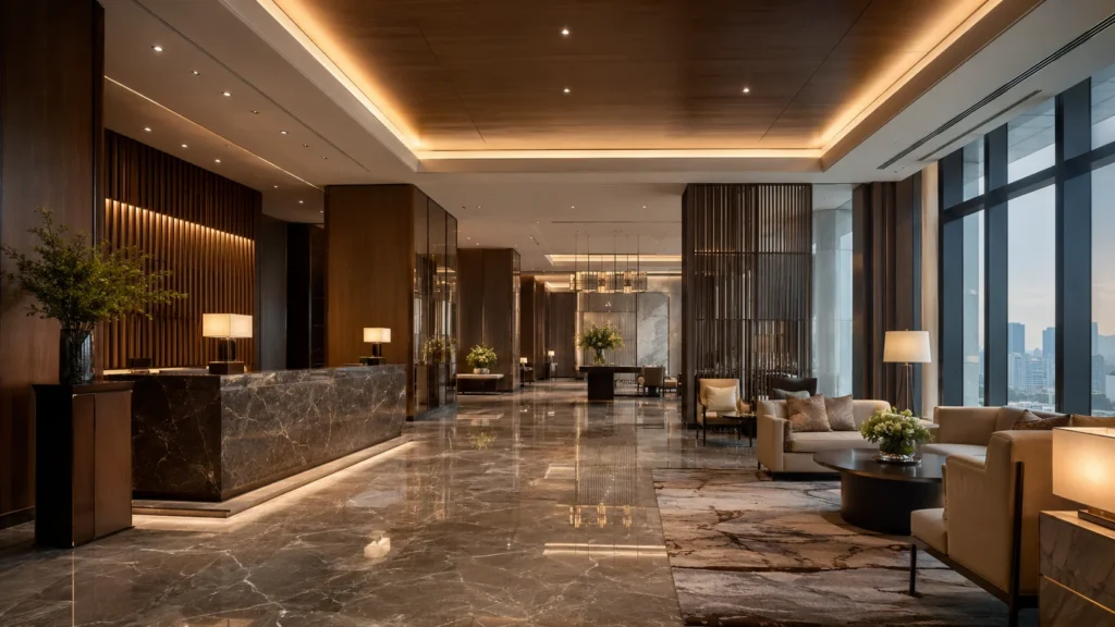 Modern luxury hotel lobby showcasing the capabilities of hotel refurbishment companies in China