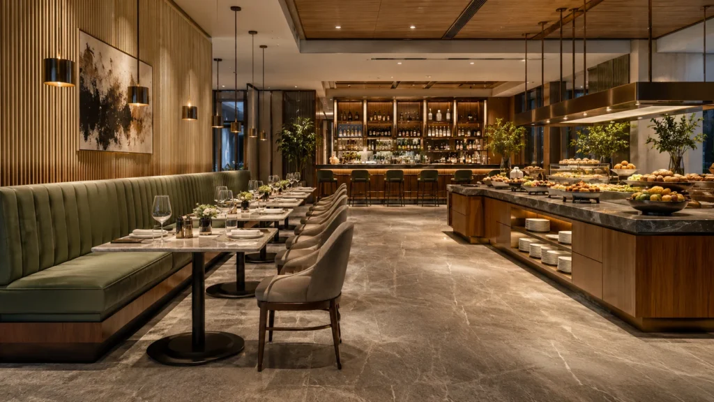 Hotel restaurant furniture with straight banquette seating, dining tables, chairs, buffet counter, and bar area