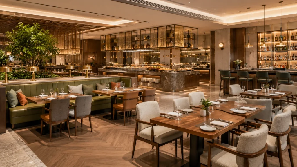 Hotel restaurant furniture including dining tables, chairs, banquette seating, buffet counters, and bar seating