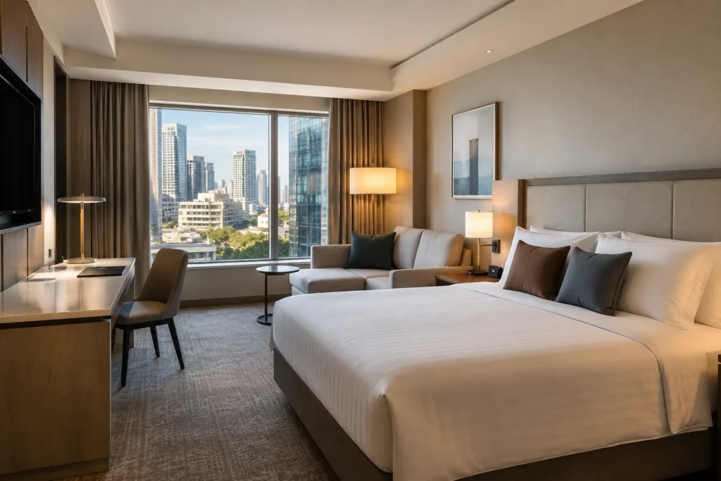 Modern hotel guestroom featuring custom furniture and hospitality interior design in Australia