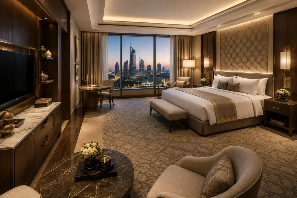 Luxury hotel guestroom showcasing custom furniture from hotel room furniture suppliers in Saudi Arabia