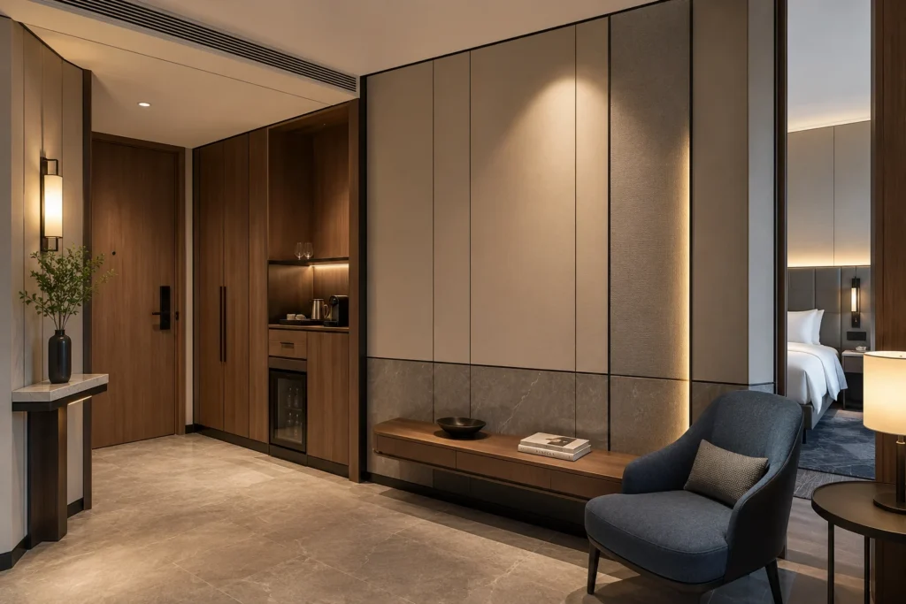 Modern hotel guest room entrance with coordinated wall panel materials, wood cabinetry, stone-look panels, lighting, and fixed furniture.