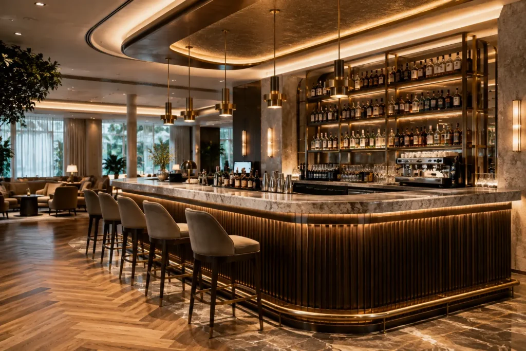 Luxury hotel bar counter design with stone countertop, guest seating and illuminated back bar