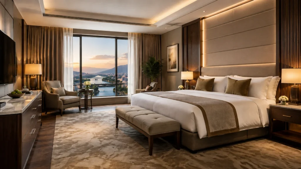 Luxury hotel guestroom featuring custom furniture from a professional hotel room furniture supplier