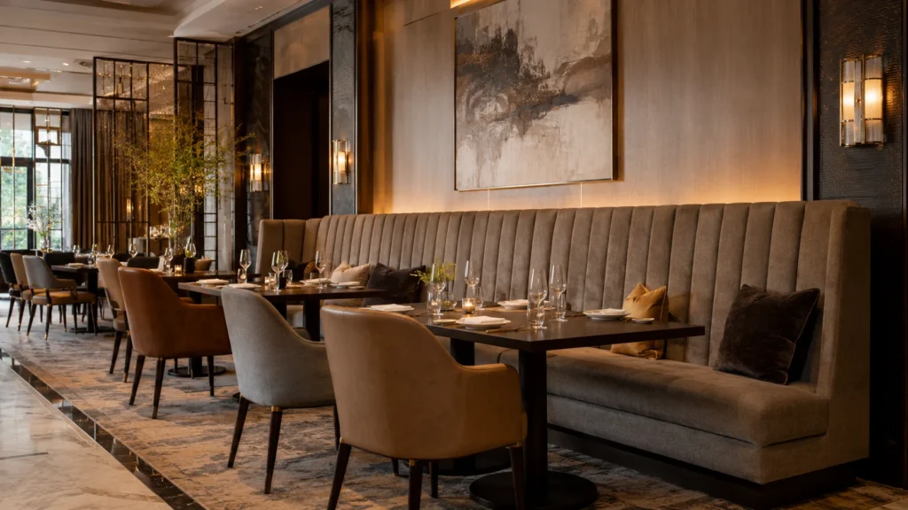 Restaurant banquette seating in a luxury hotel dining room