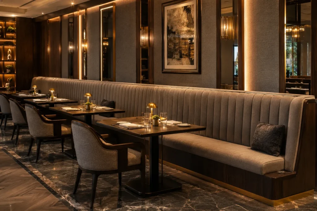 Restaurant banquette seating in a luxury hotel dining room