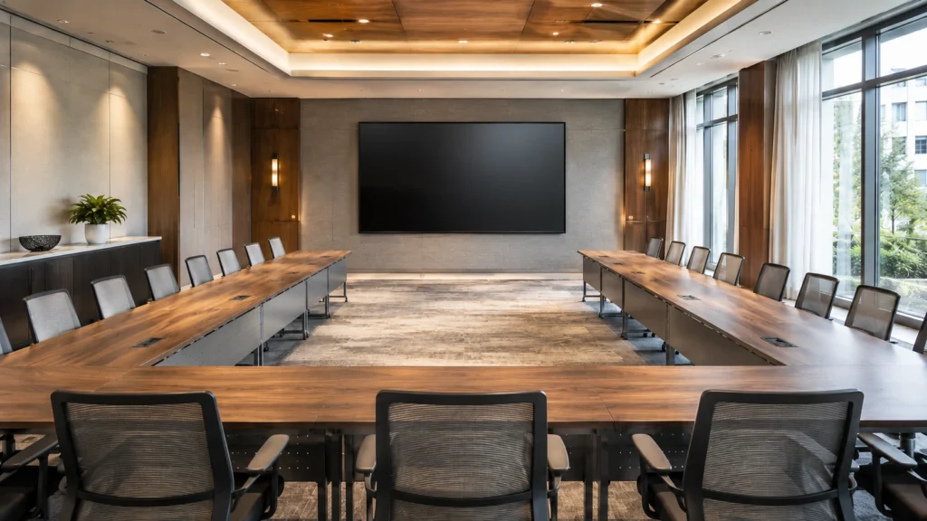 Modern meeting room layout featuring conference tables, ergonomic chairs, a large display screen, and a flexible workspace design for professional meetings.