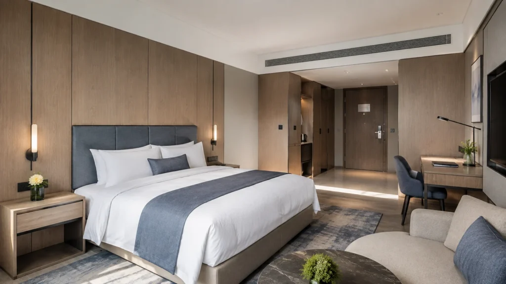 Modern hotel guest room with coordinated wood veneer and blue-gray upholstered wall panels.