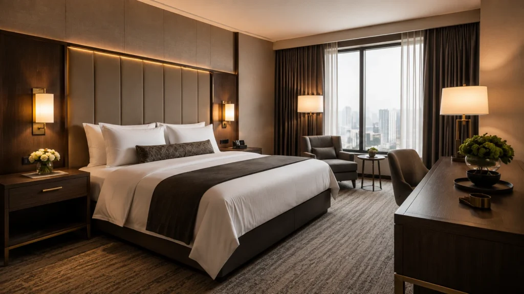 Luxury hotel guestroom designed with custom furniture solutions from professional hotel room furniture suppliers
