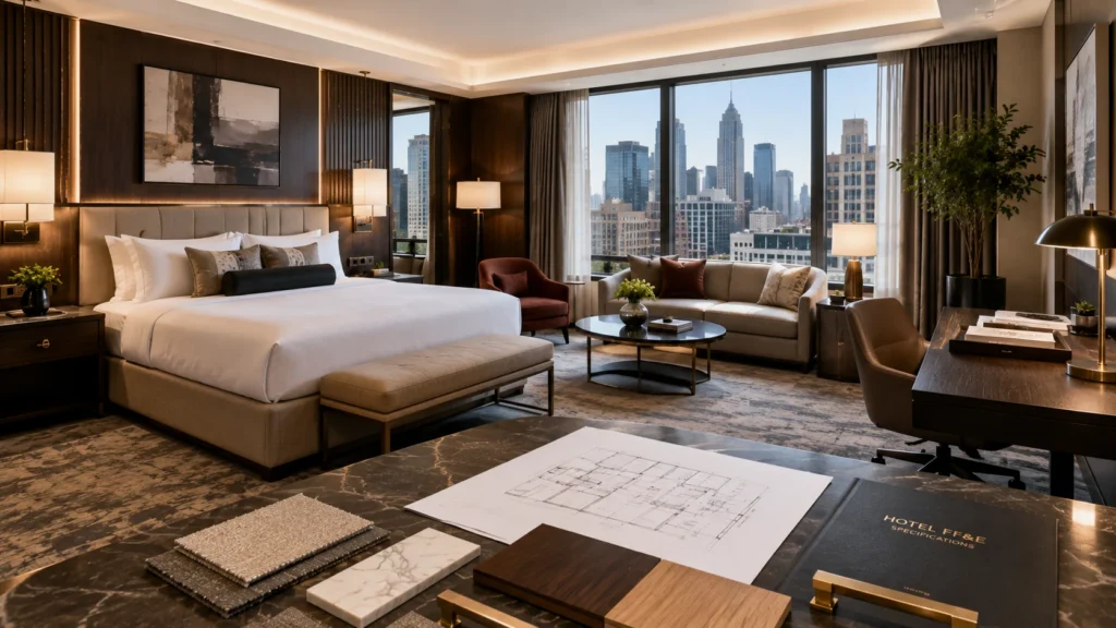 Luxury hotel guestroom showcasing furniture, lighting, and finishes from leading hotel FF&E suppliers in the USA