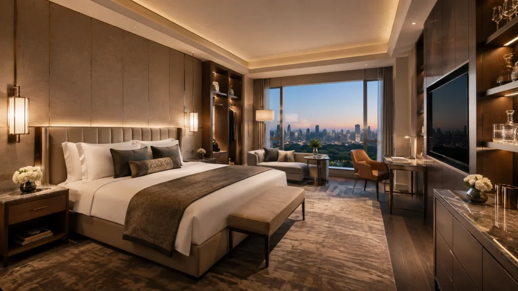 Luxury hotel guestroom showing hotel FF&E with bed, headboard, nightstands, bench, lounge seating, desk, TV wall, lighting, and built-in storage