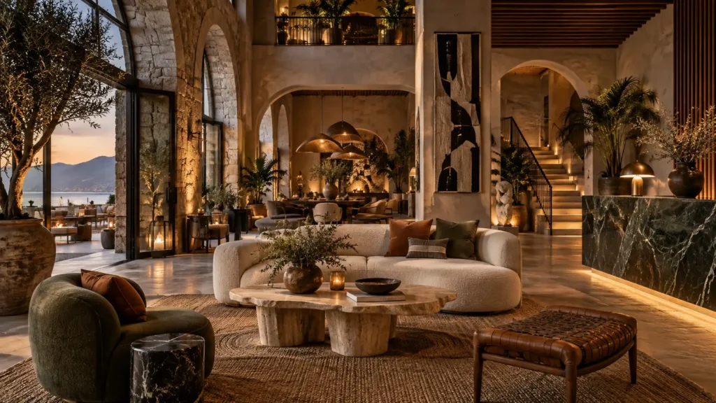 Boutique hotel interior design featuring custom furniture, artistic details, and a unique guest experience