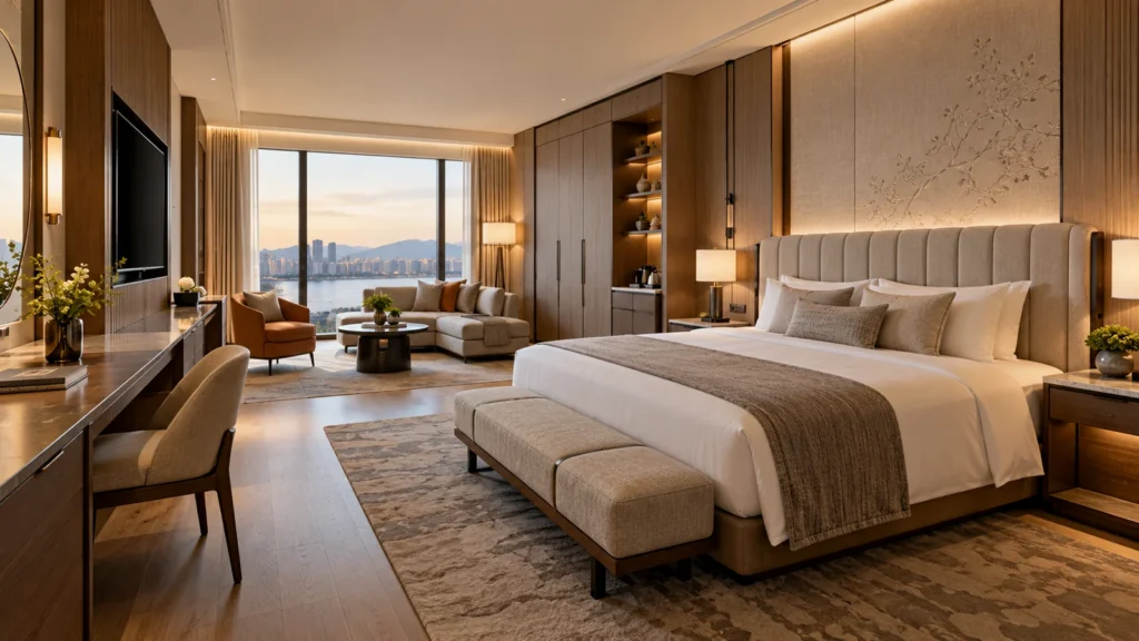 Custom hotel furniture project featuring a luxury guestroom with integrated casegoods, wardrobe, desk, headboard, and seating solutions