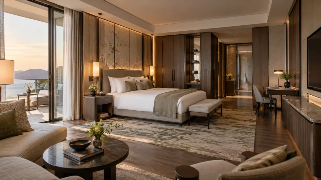 Luxury hotel guestroom featuring coordinated custom hotel furniture and hospitality interior design elements