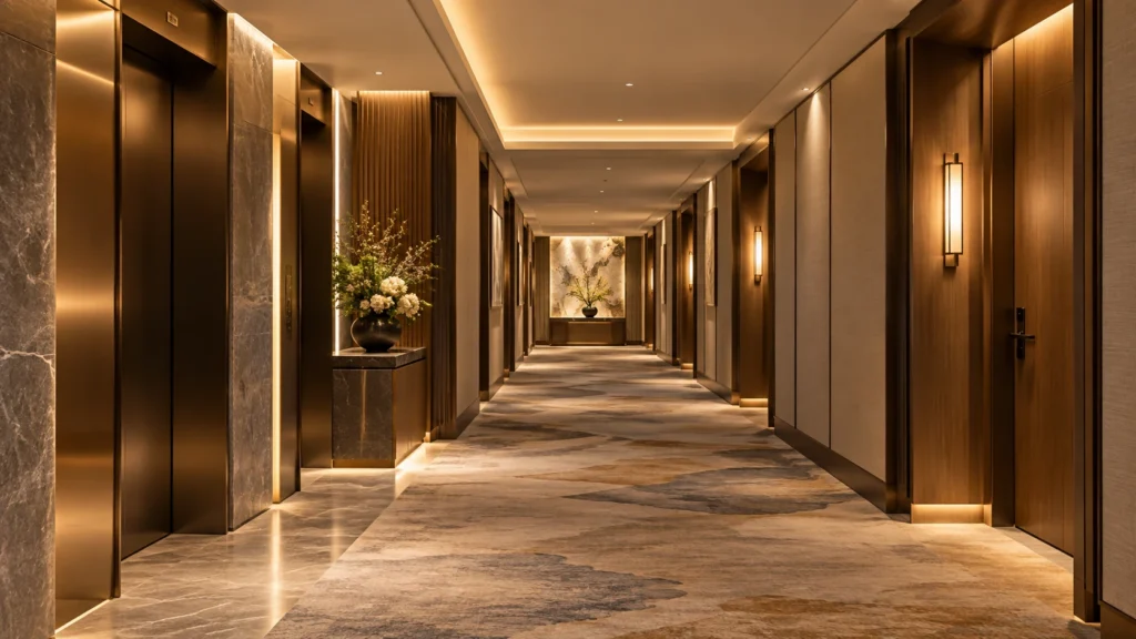 Luxury hotel corridor design with warm lighting, wood wall panels, guestroom entrances, and an elegant end-of-corridor focal point.