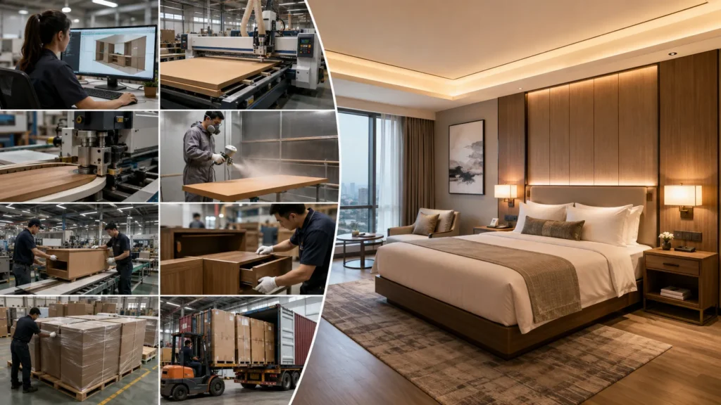 Hotel furniture manufacturing process from factory production to completed luxury hotel guest room