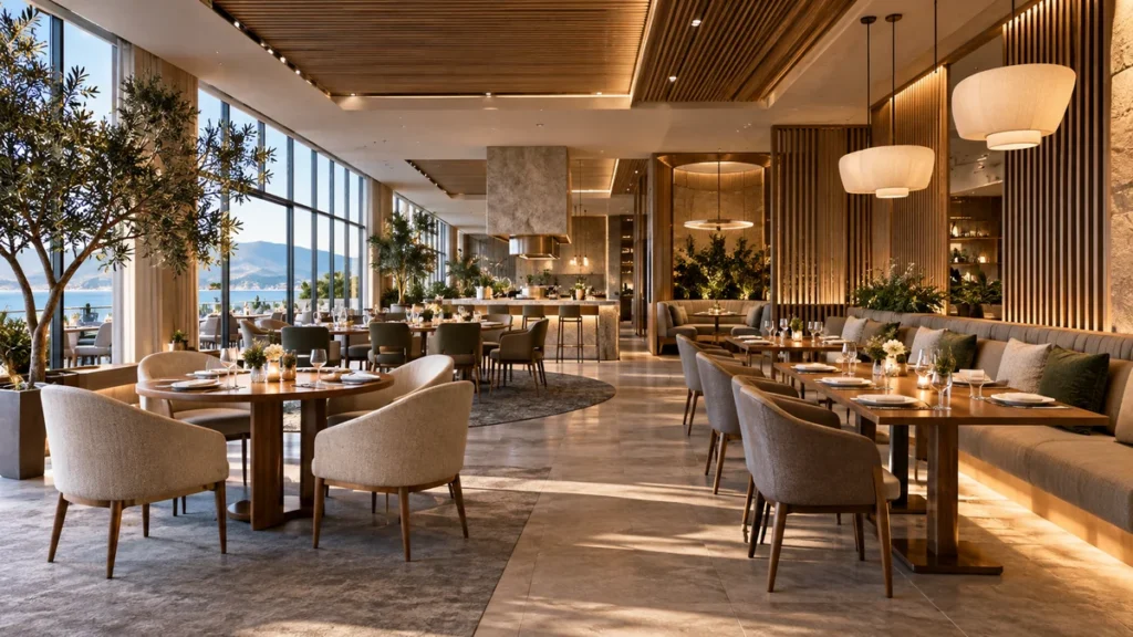 Modern hotel restaurant interior design featuring warm lighting, custom furniture, comfortable seating, and functional dining layout