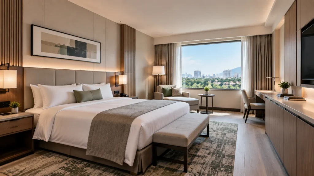 Modern hotel guest room after renovation with upgraded furniture, headboard wall, TV unit, and improved guest experience