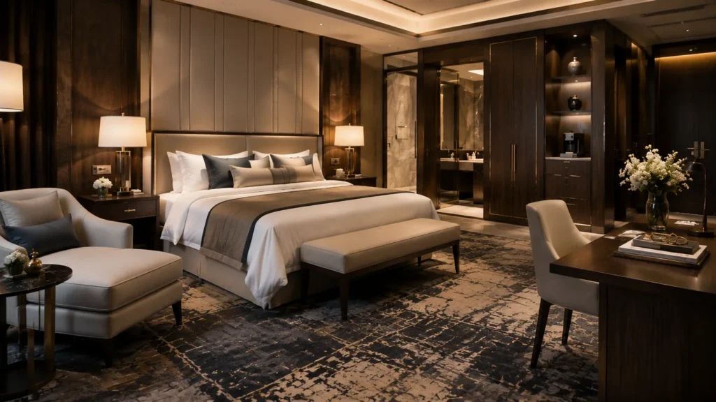 Luxury hotel guest room with custom furniture installation showing the result of a professional hotel furniture manufacturer project