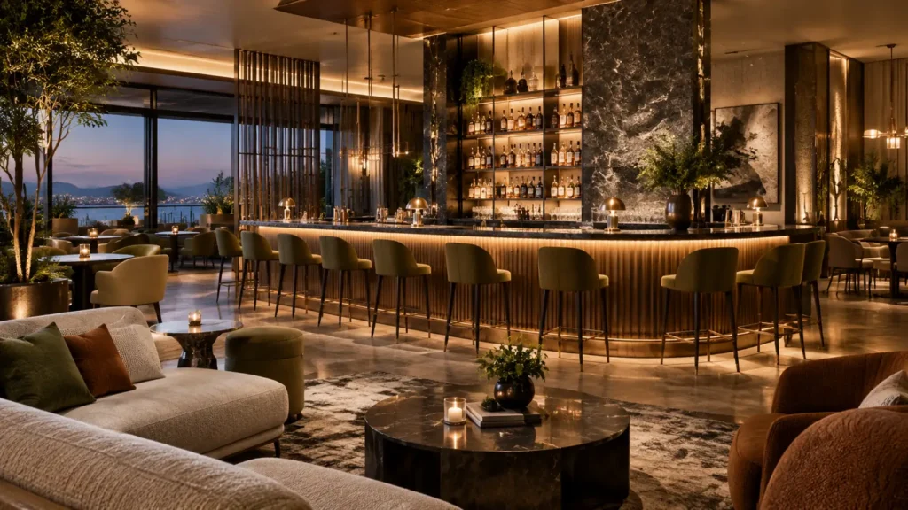 Hotel bar design ideas featuring a luxury social destination with a statement bar counter, lounge seating, warm lighting, and custom hotel bar furniture.