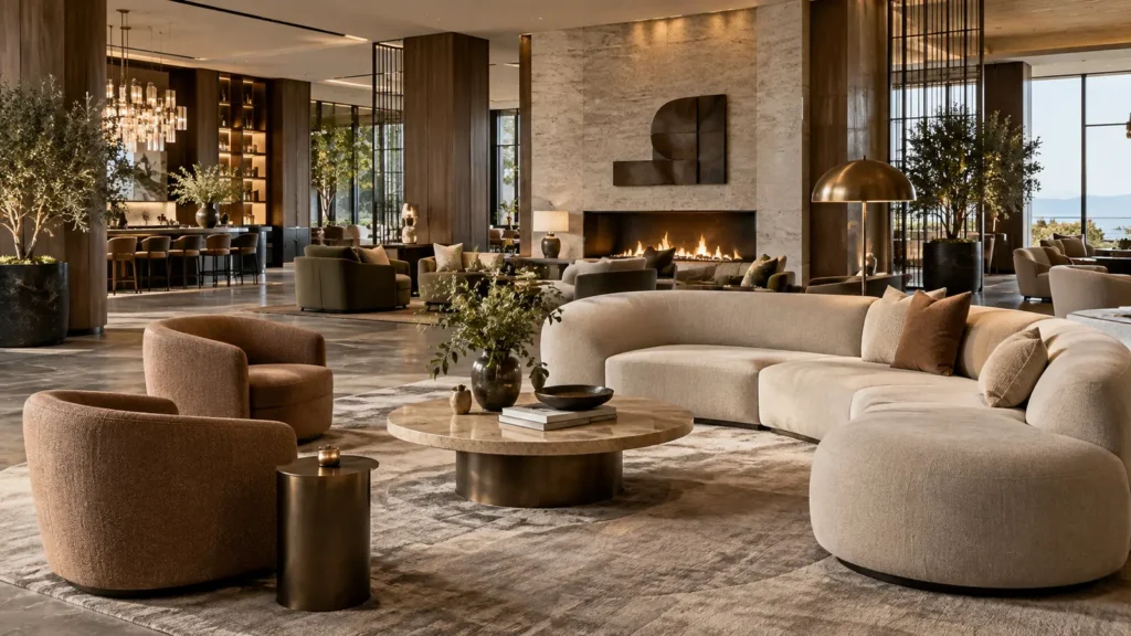 Modern luxury hotel lobby featuring custom furniture, premium materials, and contemporary hospitality design elements