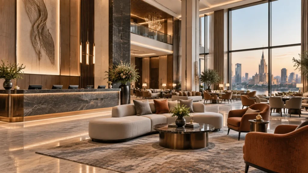 Luxury hotel lobby featuring custom furniture, reception desk, and hospitality interior design