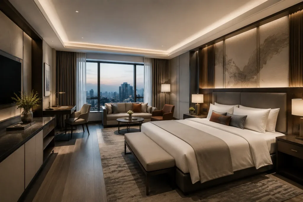 Luxury hotel room featuring custom hotel furniture, including bed, desk, seating, and built-in furniture for hospitality projects