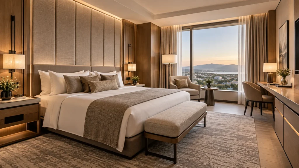 Luxury modern hotel guest room with custom headboard wall, warm lighting, built-in furniture, lounge seating, and elegant interior design