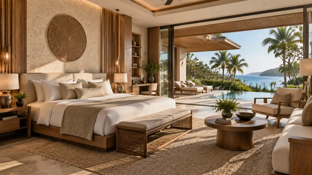 Luxury resort furniture solutions featuring custom villa bedroom furniture, lounge seating, and premium hospitality interior design