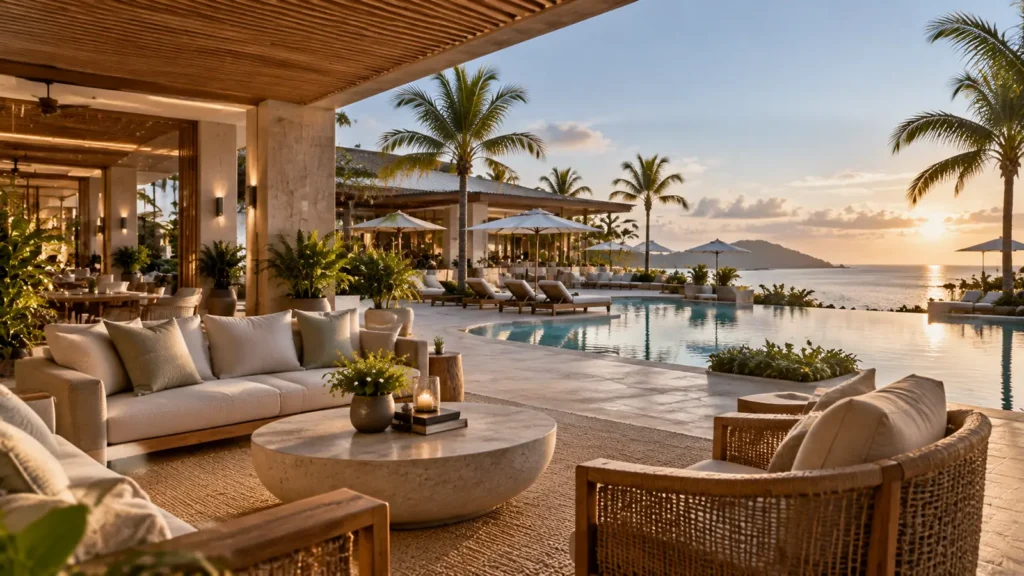 Luxury resort outdoor lounge featuring hospitality furniture, poolside seating, and outdoor furniture solutions